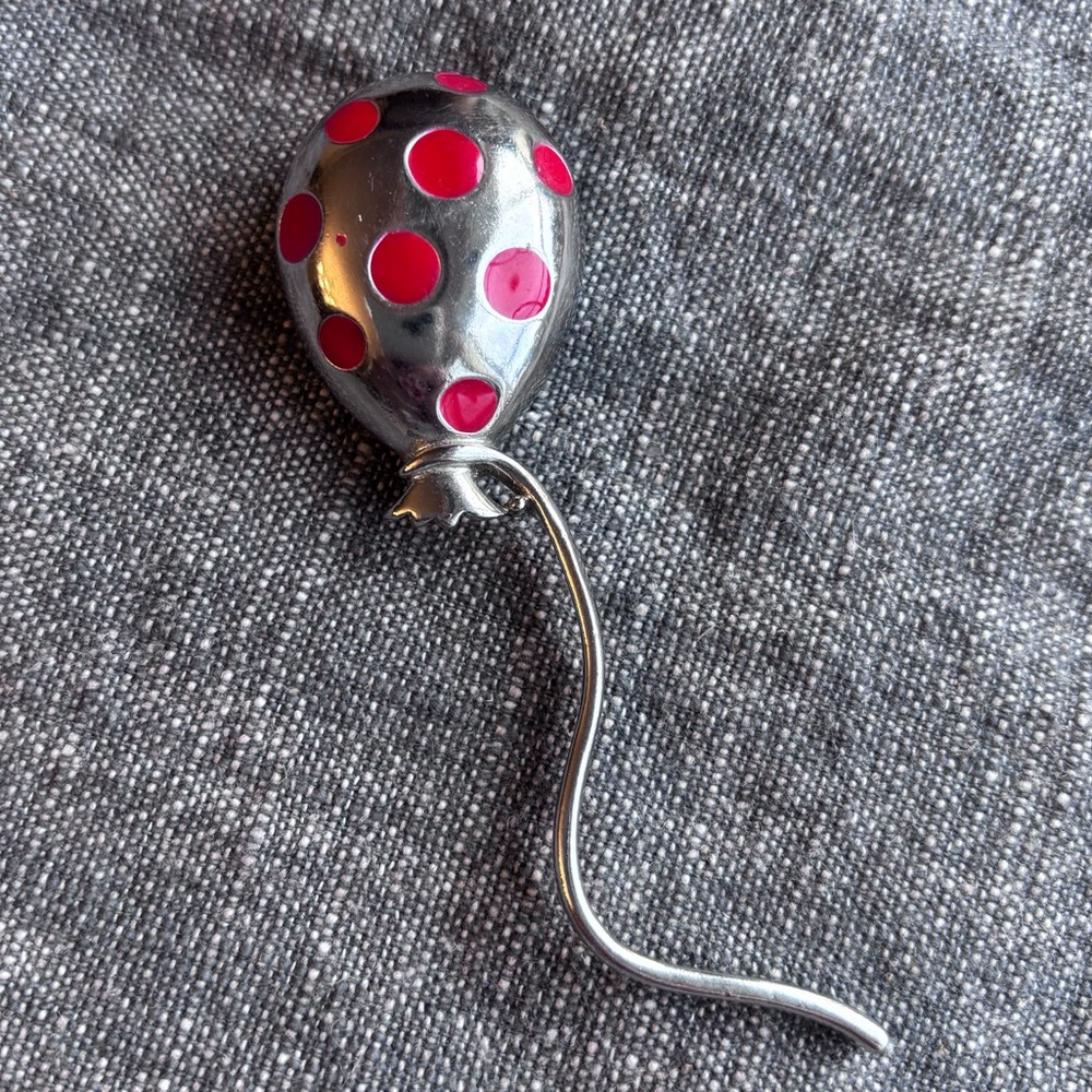 Silvertone Balloon Brooch with Red Polka Dots